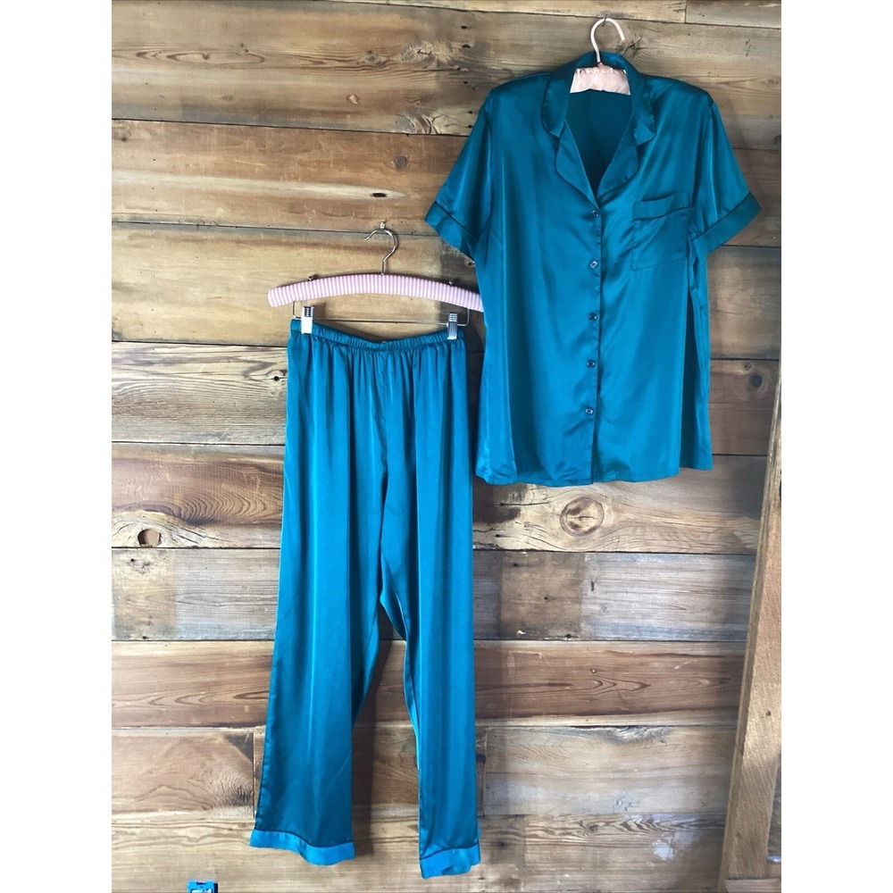 Ekouaer Med Teal Satin Pajamas 2 Pc Set  Button Top Pull-On Pants Sleepwear